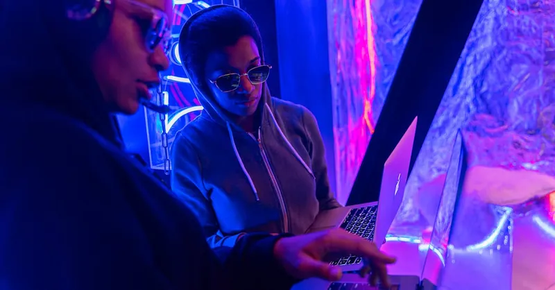 Two individuals working on laptops in a neon-lit setting, emphasizing technology and teamwork.