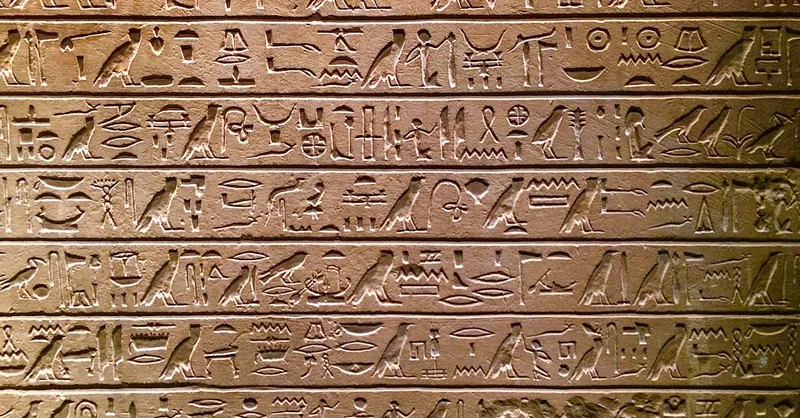 Close-up of intricate ancient Egyptian hieroglyphs etched on a stone wall in Berlin.