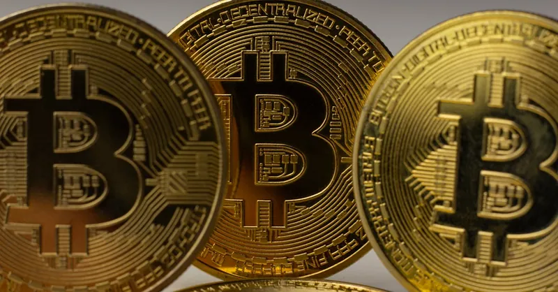 Detailed view of golden bitcoin coins, symbolizing digital currency and blockchain technology.