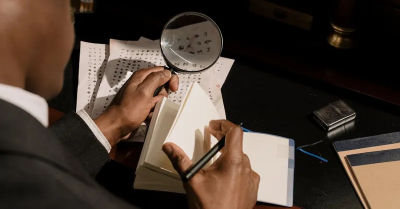 A detective examines encrypted documents with a magnifying glass in moody lighting.