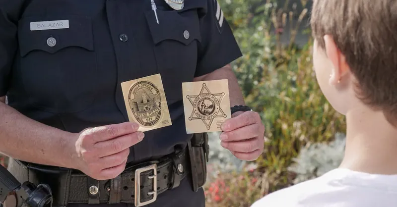 Officer showing law enforcement badges to a child outdoors, fostering positive interaction.