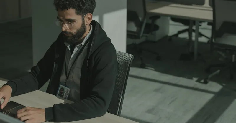 Bearded man working on a computer indoors, focused on cybersecurity tasks.