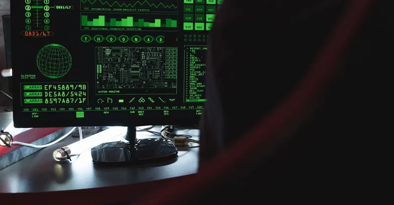 View of a computer monitor displaying green digital security code in an indoor setting.
