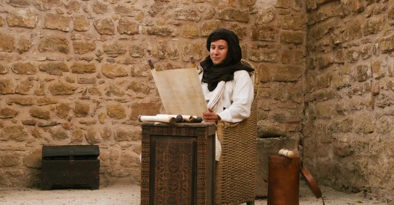 A traditional Moroccan scribe in an ancient stone room, writing on parchment.