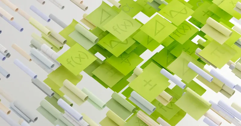 Dynamic abstract image with mathematical symbols on floating papers, vibrant and conceptual.