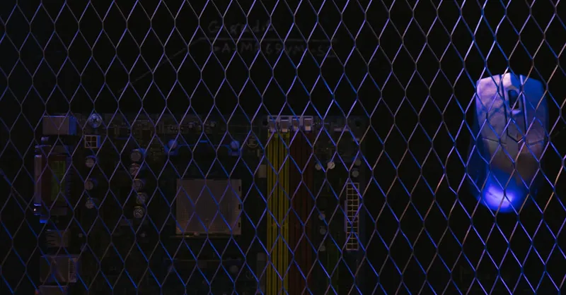 Artistic image featuring a circuit board viewed through a wire mesh, highlighting technology security.