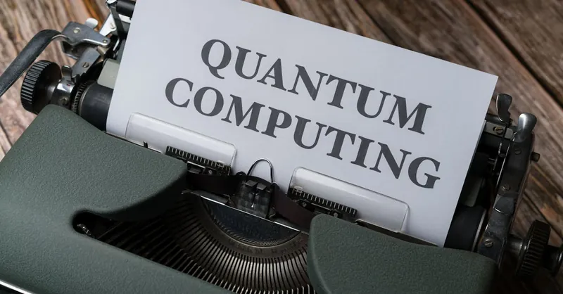 Quantum computing concept displayed on a vintage typewriter on wooden table.
