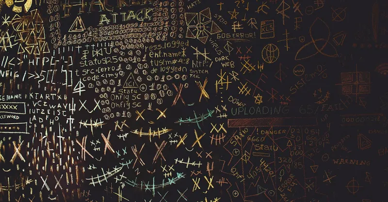 Complex chalkboard art featuring hacking symbols, codes, and geometric patterns.